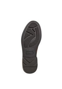 Suela de zapato de goma negra con patrones texturizados, ranuras para tracción y un área lisa con detalles de la marca.