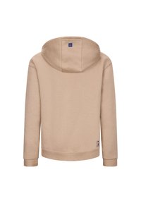 Beżowa hoodie wykonana z miękkiego materiału, z przednią kieszenią kangurką, ściągaczami u rękawów i kapturem ze sznurkiem. Metka na dolnej stronie.