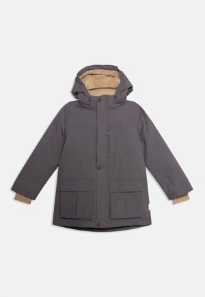 Dark gray hooded winter jacket with beige inner lining, front buttons, chest zipper pocket, and two large front flap pockets.