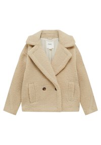Manteau teddy beige croisé avec larges revers, deux poches avant et un tissu doux et texturé.