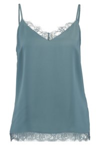 Haut cami en satin bleu doux avec fines bretelles, doté d'un col en V et d'une délicate bordure en dentelle le long de l'encolure et de l'ourlet.