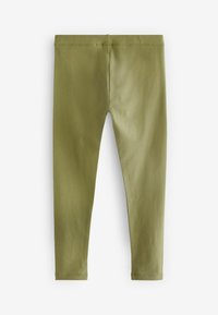 Leggings verde oliva realizzati in tessuto elasticizzato, design aderente con una superficie liscia, senza motivi visibili e una semplice vita elastica.