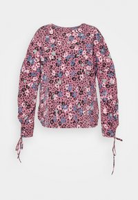 Blusa de manga longa rosa com um design de padrão de leopardo e acentos florais em azul, verde e branco. Inclui detalhes de laço ajustáveis nas mangas.