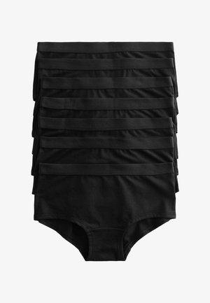 Braguitas de algodón negro de talle alto apiladas en una pila ordenada, con una amplia cinturilla elástica y una textura suave y lisa.