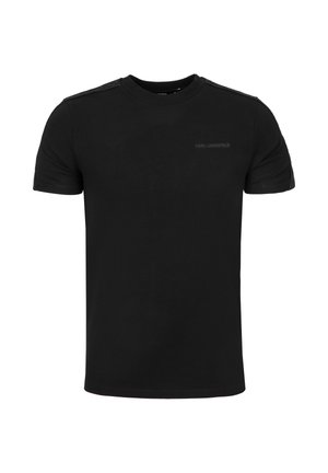 Schwarzes Baumwoll-T-Shirt mit klassischem Rundhalsausschnitt, kurzen Ärmeln und einem dezenten Logo auf der Vorderseite. Glatte Textur und reguläre Passform.