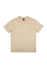 Beige bavlněné tričko s krátkými rukávy, kulatým výstřihem a malým bílým logem slona na levé hrudi. Hladká, lehká textura.