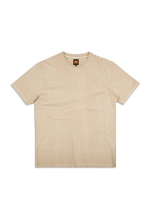 Beige bavlněné tričko s krátkými rukávy, kulatým výstřihem a malým bílým logem slona na levé hrudi. Hladká, lehká textura.