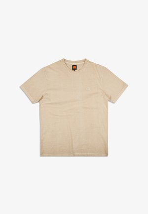 Beige cotton T-shirt with short sleeves, crew neck, and a small white elephant logo on the left chest. Smooth, lightweight texture.