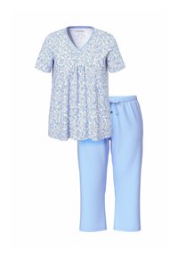 Conjunto de ropa de dos piezas que incluye una blusa de estampado floral en azul claro con escote en V y una parte inferior azul sólido con cintura elástica, de longitud cropped.
