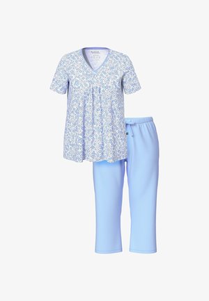 Dwuczęściowy zestaw odzieżowy z jasnoniebieską bluzką w kwiatowy wzór z dekoltem w kształcie V oraz jednolitymi niebieskimi dołami z elastycznym pasem, skróconej długości.