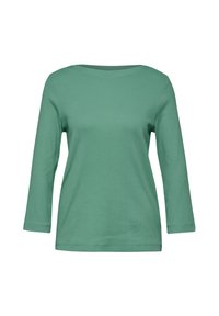 T-shirt long à manches vert ribulé avec un décolleté bateau, présentant une coupe ajustée et une texture lisse. Silhouette simple et épurée sans accents notables.