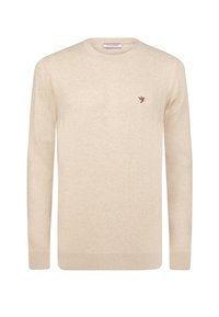 Beige gebreide trui met ronde hals, lange mouwen en geribbelde manchetten. Kenmerkt zich door een klein bruin vogel-embleem op de borst. Zachte textuur.