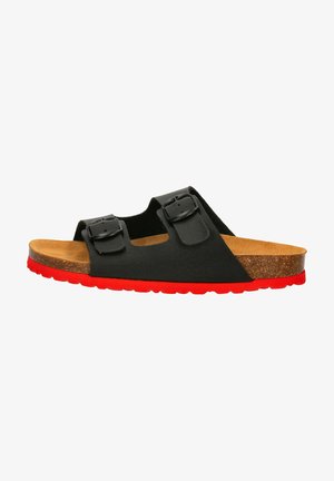 Schwarze Sandale mit zwei verstellbaren Schnallen, Korkfußbett und roter Gummisohle. Verfügt über einen breiten Zehenbereich und ein offenes Rückendesign.