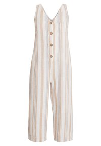 Linen jumpsuit with a V-neck, vertical beige and white stripes, five wooden buttons down the front, and cropped wide-leg design.