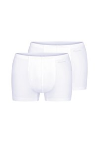 Vita bomullboxershorts med en snug fit, elastisk midja och en slät yta. Två par visas, enkel design utan mönster.