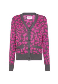 Cardigan grigio con stampa leopardata rosa brillante, scollo a V, chiusura con bottoni, due tasche frontali e polsini e orlo a costine.