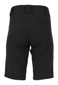 Svarta shorts gjorda av ett tunt, lätt tyg. Har en liten bakficka med dragkedja och en platt midjebandsdesign.