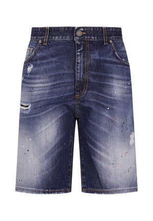 Granatowe szorty jeansowe z efektami przetarć i wyblaknięć, plamami farby, przednimi kieszeniami oraz zapięciem na guzik i suwak.
