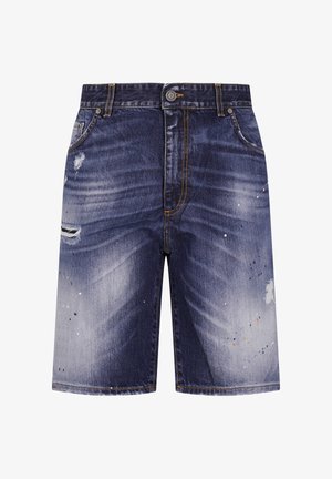Donkerblauwe denim shorts met vervaagde en versleten details, verfspatten, steekzakken aan de voorkant, en een knoop- en ritssluiting.
