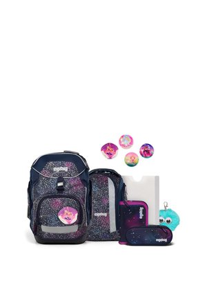 Children's school set with galaxy-patterned backpack, matching smaller bag, pencil case, folder, and colorful round badges with cartoon characters.