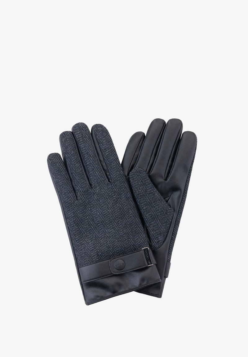 Gants en texture chevron noir avec des accents en cuir. Présentent un design ajusté et une sangle avec un détail rond au poignet.