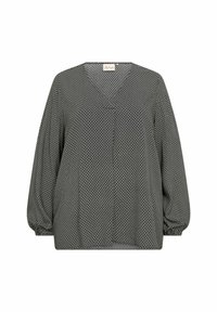 Schwarz-weiße Bluse mit V-Ausschnitt und langen, gepufften Ärmeln. Der Stoff hat ein gepunktetes Muster und einen lockeren Schnitt.