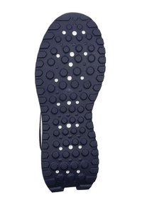 Podeszwa buta w ciemnoniebieskiej gumie z teksturowanymi heksagonalnymi i okrągłymi wzorami, z białymi okrągłymi akcentami zwiększającymi przyczepność.