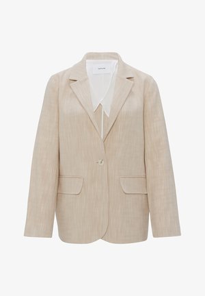 Blazer beige in tessuto testurizzato e intrecciato; chiusura con un solo bottone, due tasche frontali e design classico con revers a punte.