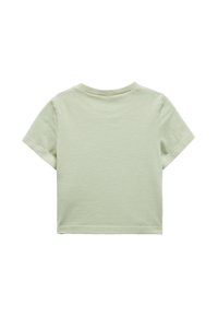 Kortærmet, mintgrøn t-shirt lavet af blød bomuld. Har en rund halsudskæring, lige kant og minimale syninger ved kanterne.