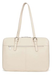 Borsa tote in pelle beige con due manici lunghi, chiusura con zip, tasca frontale, texture liscia e design minimalista.