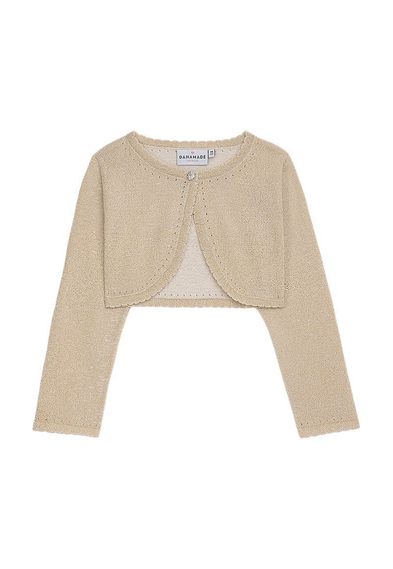 Beige, kurz geschnittene Strickjacke aus weichem, strukturiertem Material. Verfügt über lange Ärmel, einen gerundeten Ausschnitt und dekorative Knopfverschlussdetails.