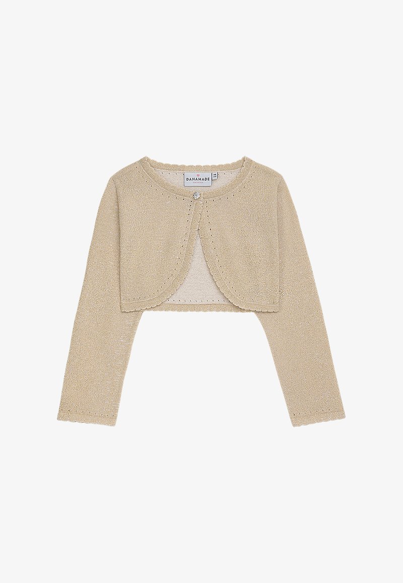 Beige, kurz geschnittene Strickjacke aus weichem, strukturiertem Material. Verfügt über lange Ärmel, einen gerundeten Ausschnitt und dekorative Knopfverschlussdetails.