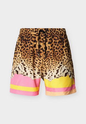 Shorts pour hommes avec la moitié supérieure imprimée léopard, blocs de couleur rose et jaune à l'ourlet, et une taille coulissante noire.