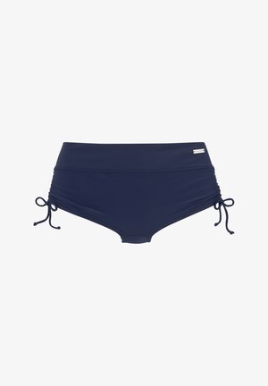 High-waisted navy bikini bottom with ruched sides, adjustable ties, and smooth texture. Features a small brand tag on the waistband.