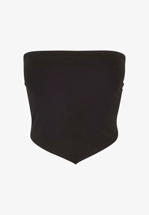 Sort tube-top lavet af glat, strækbart stof. Har en lige halsudskæring og en spids kant i bunden. Ingen synlig hardware eller mønstre.