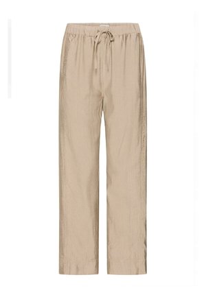 Bež, lagane hlače ravnog kroja s pojasom na vezanje i glatkom teksturom. Imaju ležeran dizajn prikladan za opušteno nošenje.