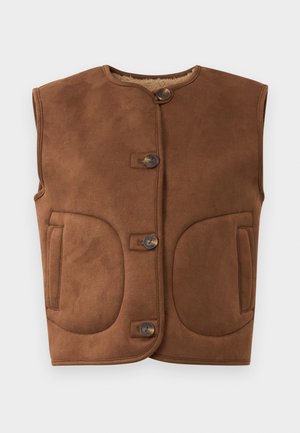 Brown suede vest with a round neckline, two front pockets, and three button closures. Soft inner lining visible at the neck.