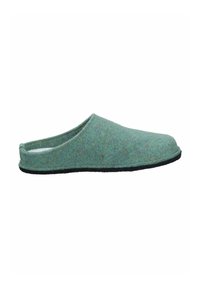 Green felt slipper with an open back, textured surface, rounded toe, and black rubber sole, designed for comfort and ease of wear.