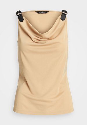 Top sin mangas beige con escote drapeado y tirantes negros ajustables con hebilla, etiquetado como "Lauren Ralph Lauren" en el interior del cuello.