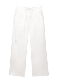 Weiße, weit geschnittene Hosen aus leichtem Stoff mit einem elastischen Bund, Kordelzug und zwei Fronttaschen. Glatte Textur, lässiges Design.