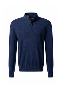 Dunkelblauer Pullover mit halbem Reißverschluss-Kragen, langen Ärmeln, gerippten Bündchen und Saum, aus einem weichen Strickstoff mit einer subtilen Textur.