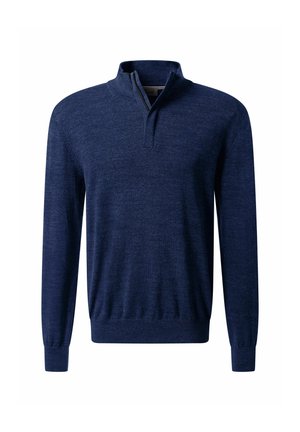 Pullover blu navy con collo a mezza zip, maniche lunghe, polsini e orlo a costine, realizzato in un morbido tessuto a maglia con una leggera trama.