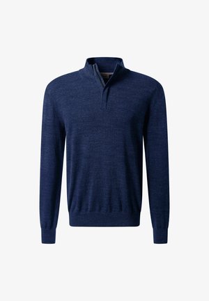 Dunkelblauer Pullover mit halbem Reißverschluss-Kragen, langen Ärmeln, gerippten Bündchen und Saum, aus einem weichen Strickstoff mit einer subtilen Textur.