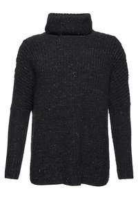 Zwarte chunky gebreide turtleneck trui met lange mouwen en een geribbelde textuur op de manchetten en bovenarmen.