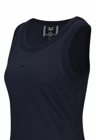 Navyblaues geripptes Tanktop mit einem klassischen Rundhalsausschnitt, ärmellosem Design und Logodetail in der Brustgegend. Aus elastischem Material gefertigt.