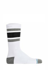 Weiße Socken mit schwarzen und grauen Streifen, gerippte Textur im oberen Bereich, Ferse in Grau und türkisfarbener Akzent an der Zehe.