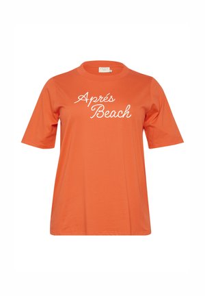 Korte mouwen oranje t-shirt van katoen met een ronde hals, voorzien van witte cursieve tekst die "Après Beach" op de voorkant weergeeft.