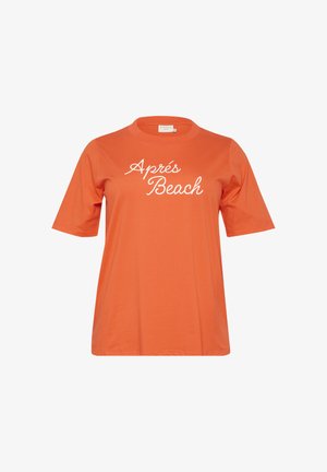 Korte mouwen oranje t-shirt van katoen met een ronde hals, voorzien van witte cursieve tekst die "Après Beach" op de voorkant weergeeft.