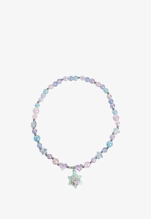 Collana di perline colorate con perline nei toni pastello di viola, blu e rosa, forme a stella e a cuore, con un ciondolo centrale a forma di stella che rappresenta un personaggio.