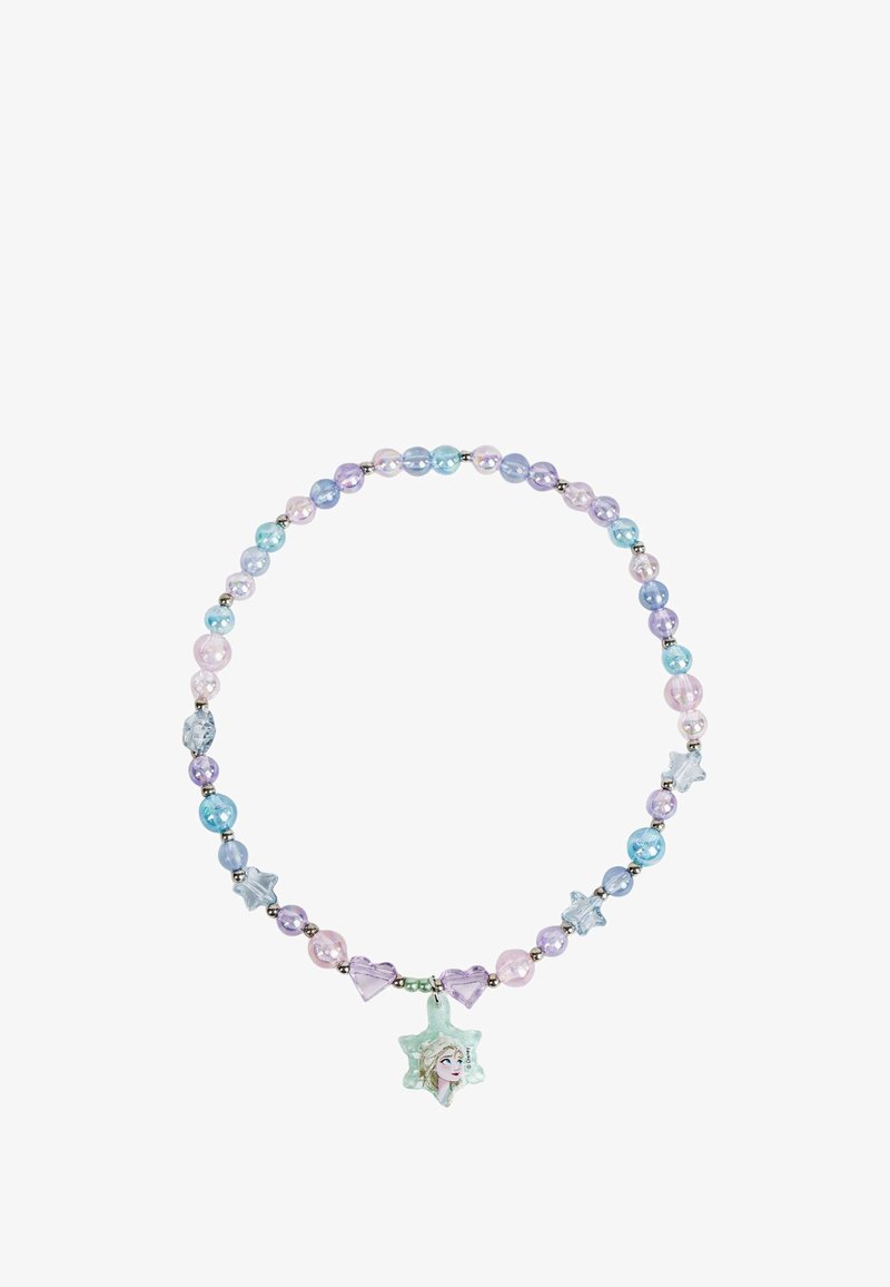 Collana di perline colorate con perline nei toni pastello di viola, blu e rosa, forme a stella e a cuore, con un ciondolo centrale a forma di stella che rappresenta un personaggio.